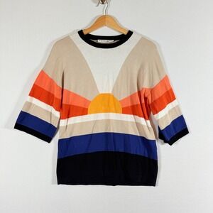 Trina Turk Womens Medium Sweater Sunrise‎ 3/4 Sleeve Knit Top Colorful Crew Neck